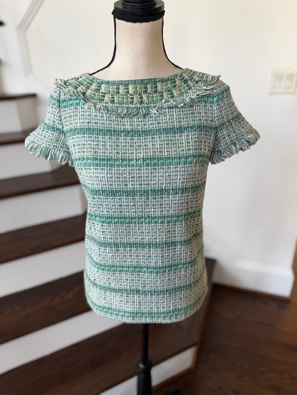 Tory Burch Blue Green Tweed Boucle Fringe Beaded Short Sleeve Blouse
